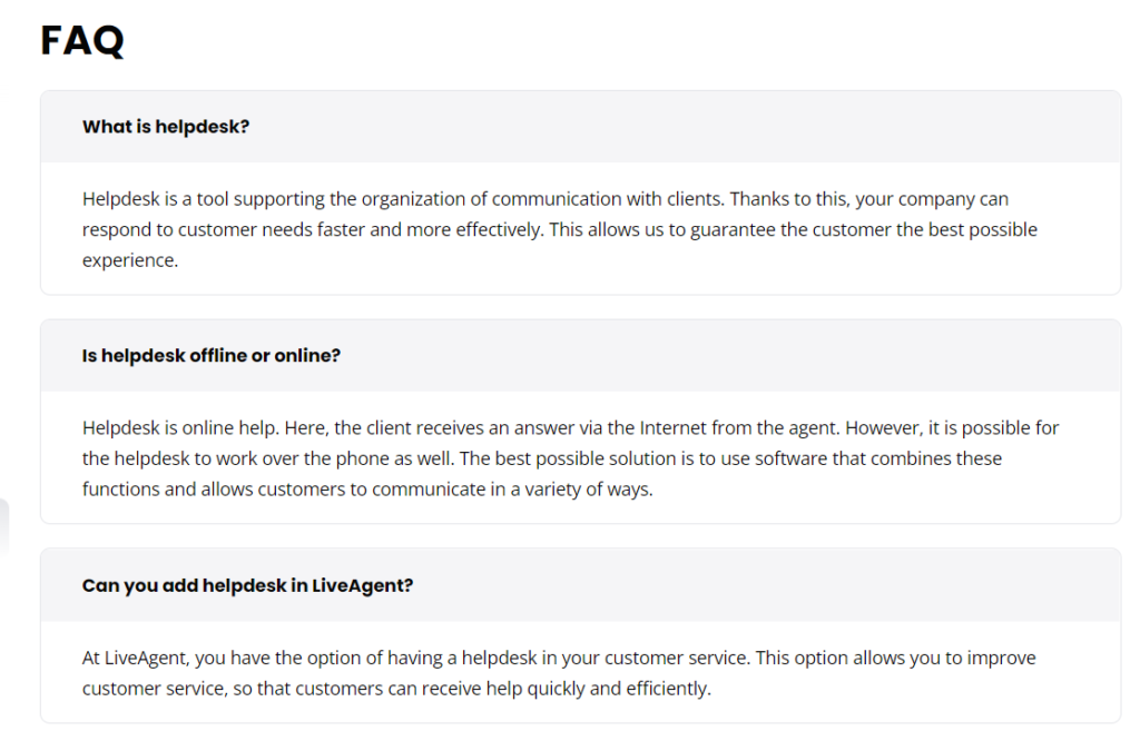 Exemplu de întrebări frecvente de la LiveAgent