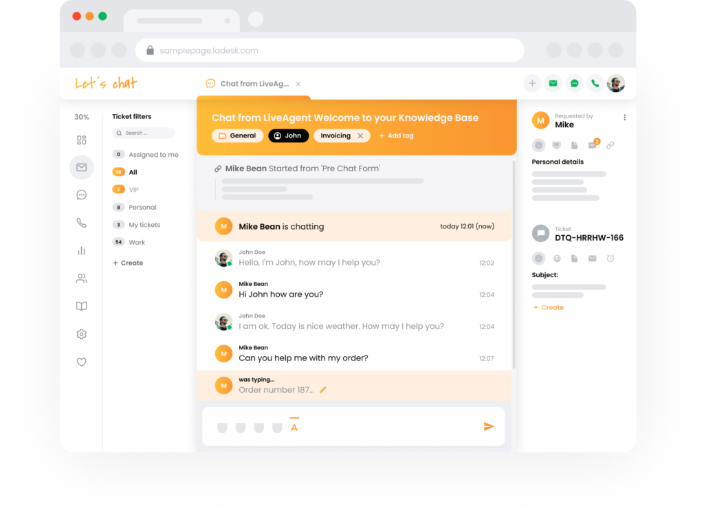 Previzualizare LiveAgent de tastare în timp real