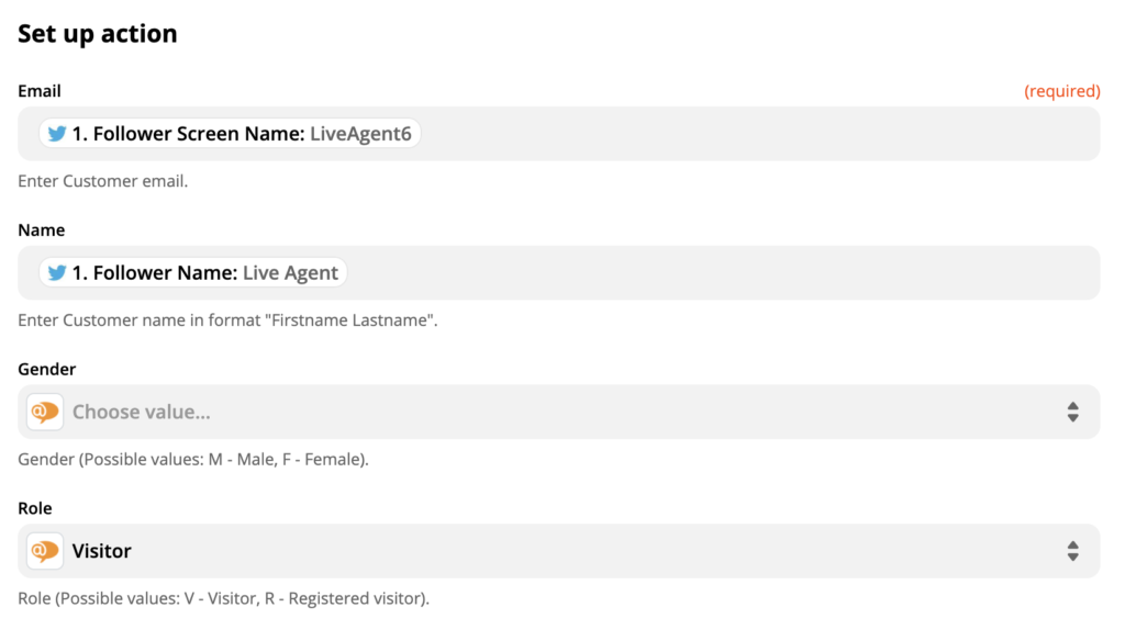Configurarea acțiunii LiveAgent în integrarea Twitter pe Zapier