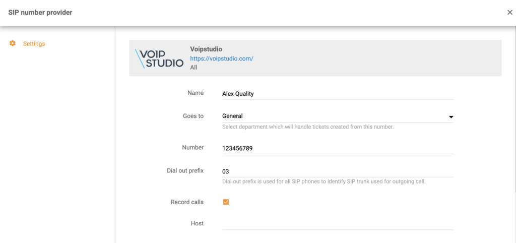 Configurarea numărului VoIPstudio în configurația LiveAgent