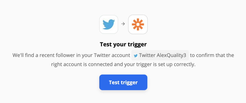 Test de declanșare Twitter în configurarea integrării pe Zapier