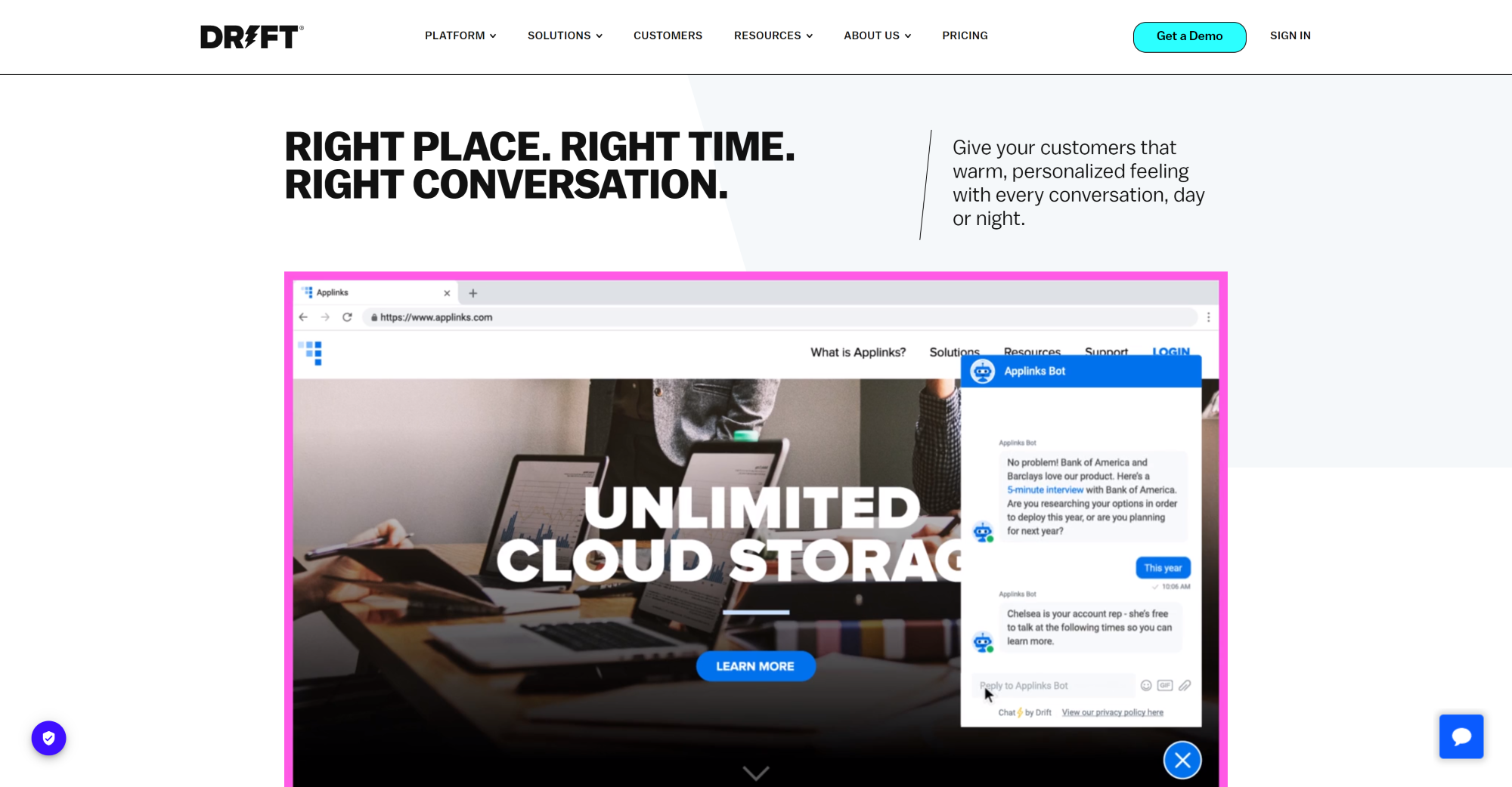 Pagina de pornire a software-ului Drift Live Chat