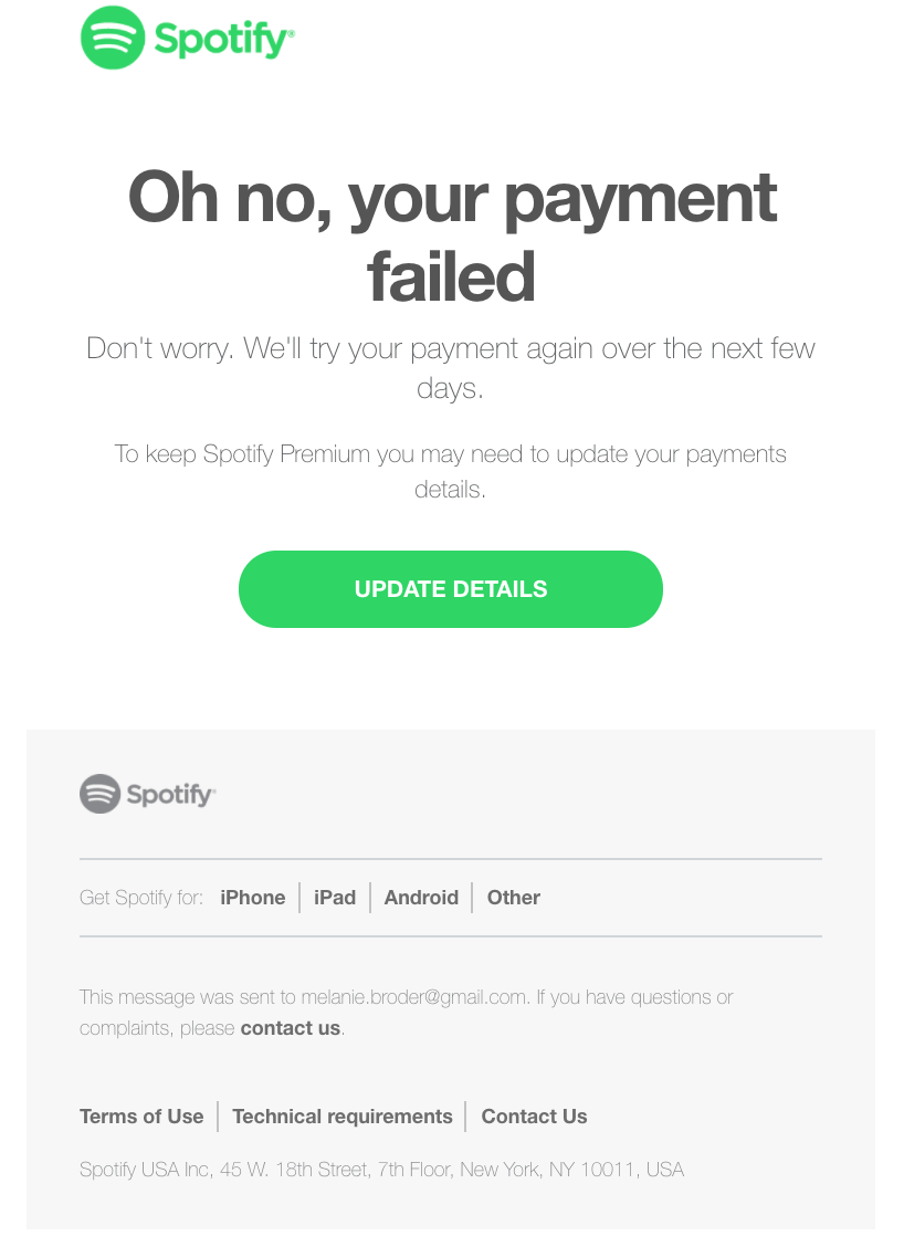 exemplu de e-mail de solicitare a plății de la spotify