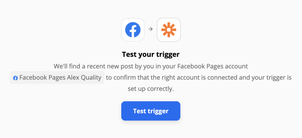 Test de declanșare a paginii Facebook pe Zapier