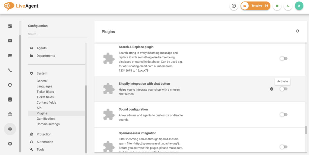 Integrare Shopify cu butonul de chat în lista de plugin-uri LiveAgent