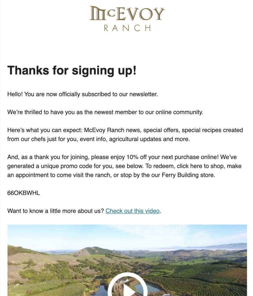 E-mail de înscriere la newsletter-ul ranch McEvoy