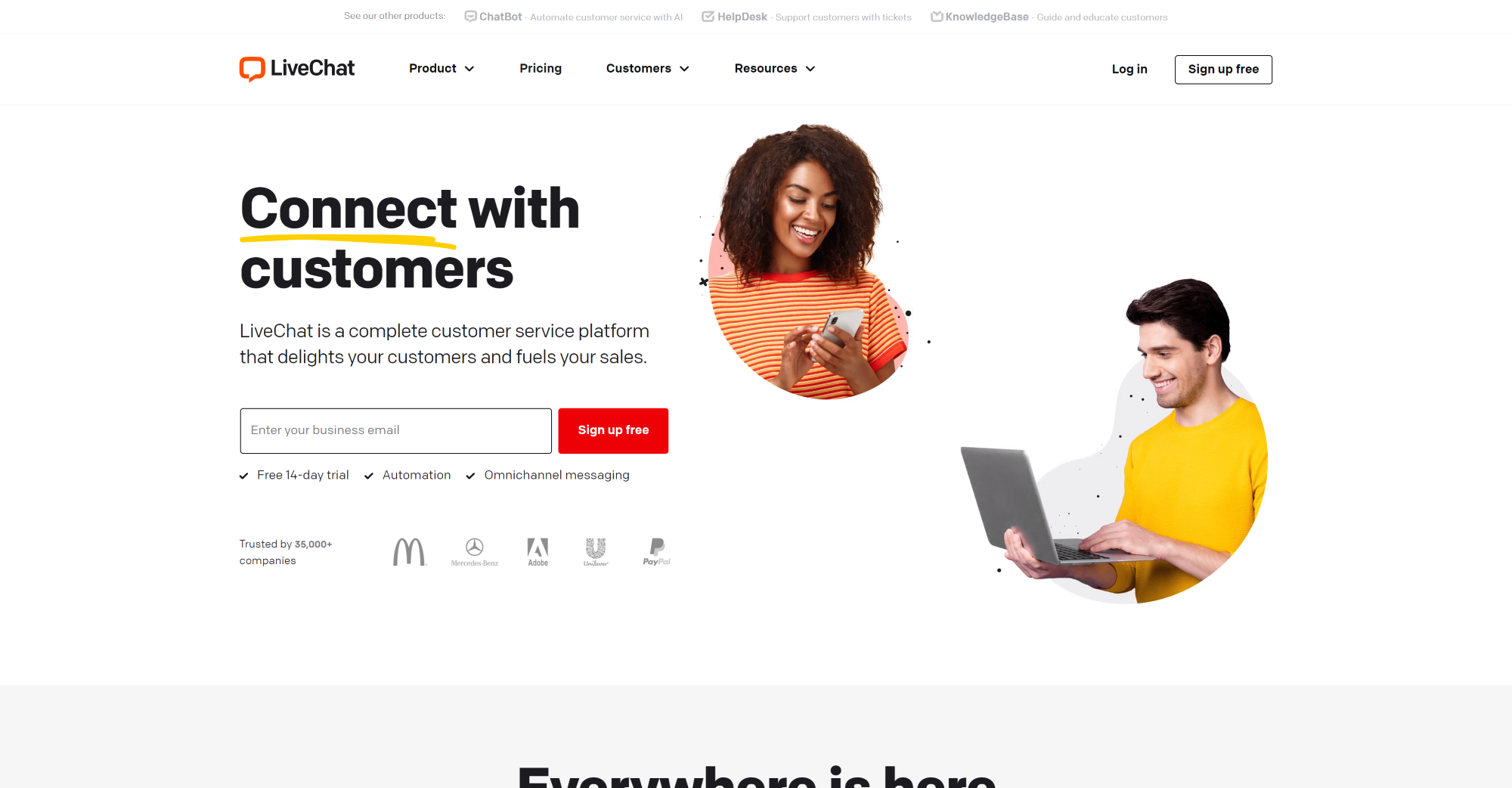 Pagina de pornire a software-ului de chat live LiveChat