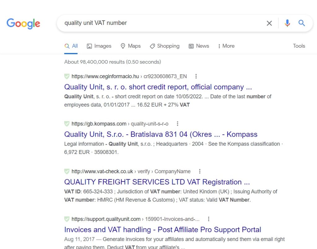 Căutare pe Google a numărului de TVA al Quality Unit