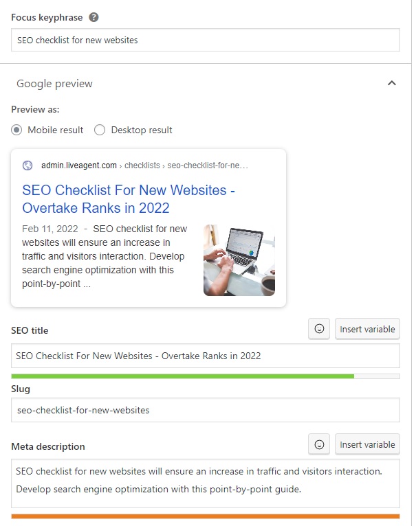 LiveAgent - example of keyphrase, SEO title and meta description