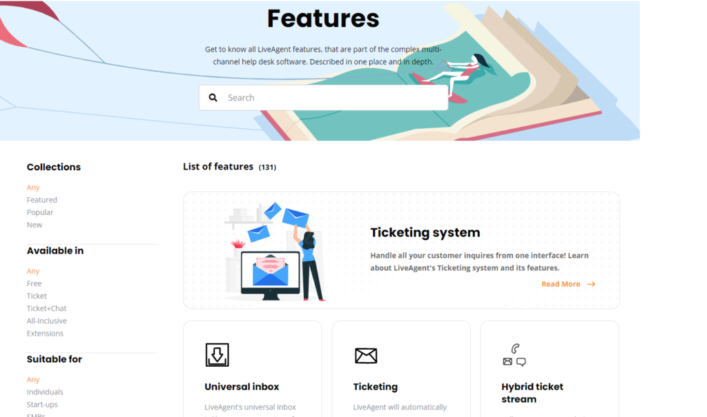 Pagina de caracteristici LiveAgent