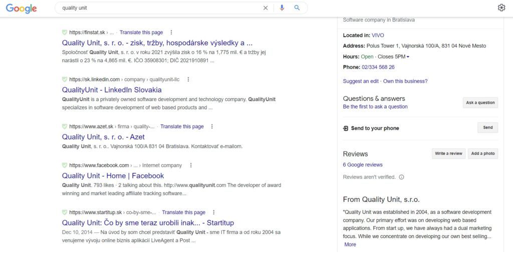 Rezultatele căutării pe Google a Quality Unit