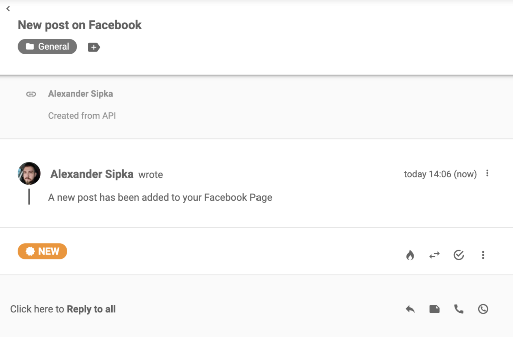 Notificare Facebook care a sosit în LiveAgent