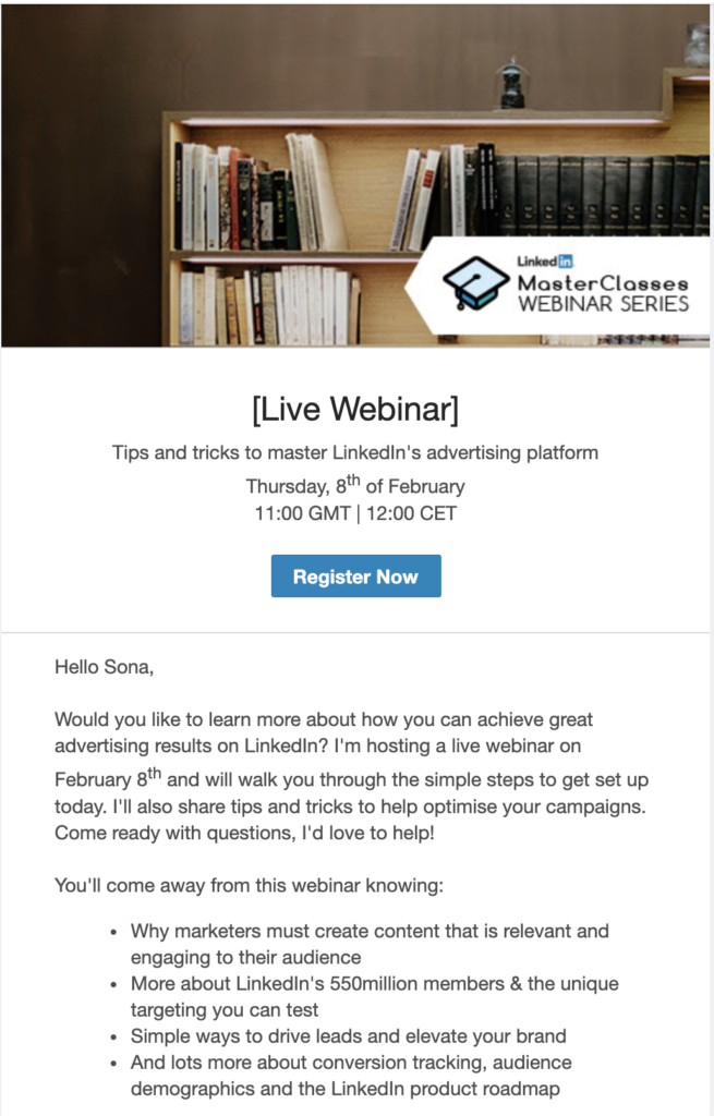 șablon e-mail de prezentare a seminariului web LinkedIn 