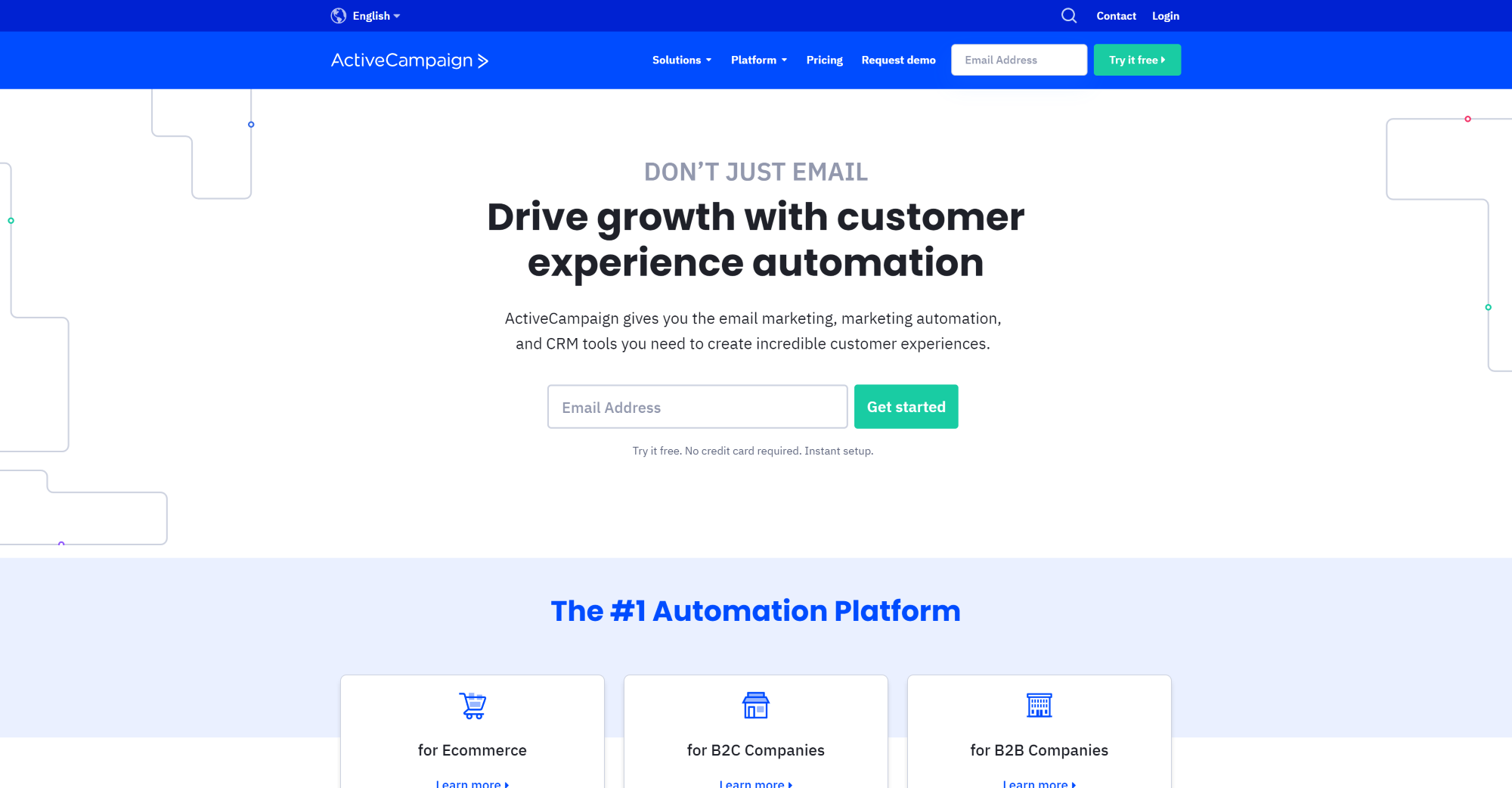 Pagina de pornire a software-ului de chat live ActiveCampaign