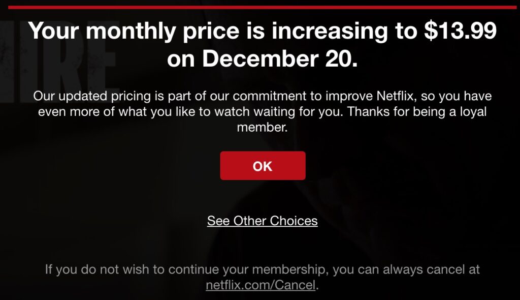 șablon de e-mail de creștere a prețului Netflix