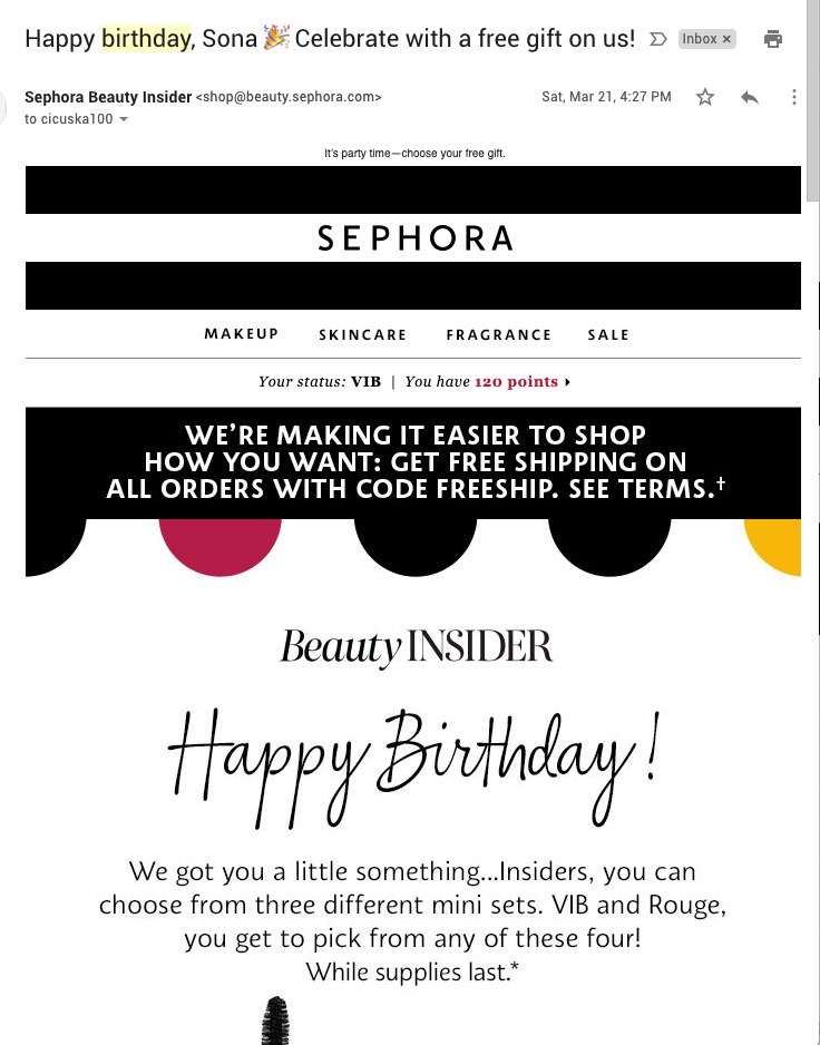 Șablon de e-mail de recompensă de loialitate Sephora