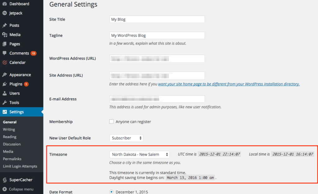 Setări pentru fusul orar WP