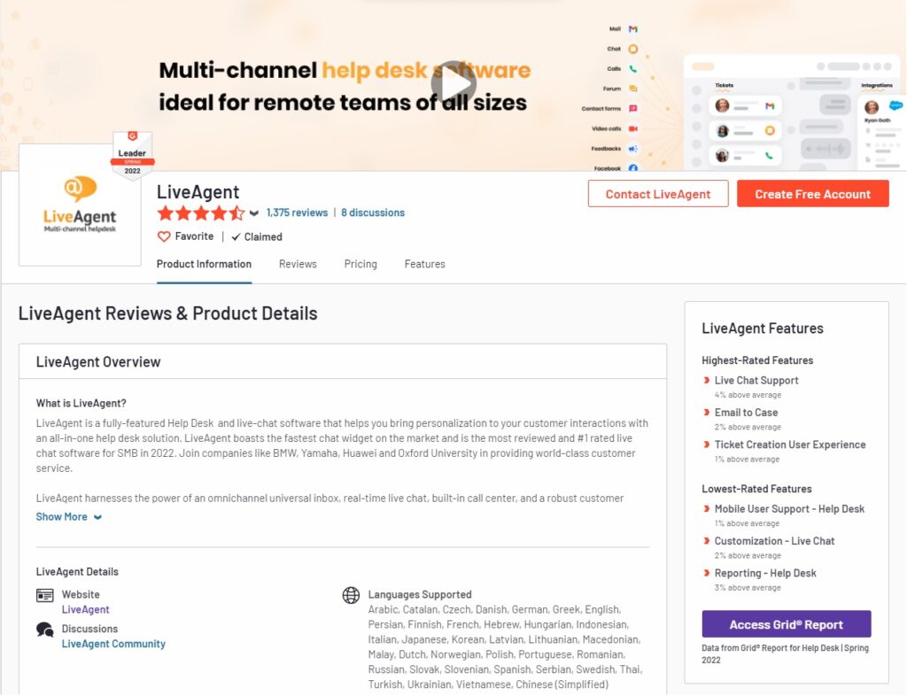 G2 - LiveAgent Recenzii & detalii despre produs