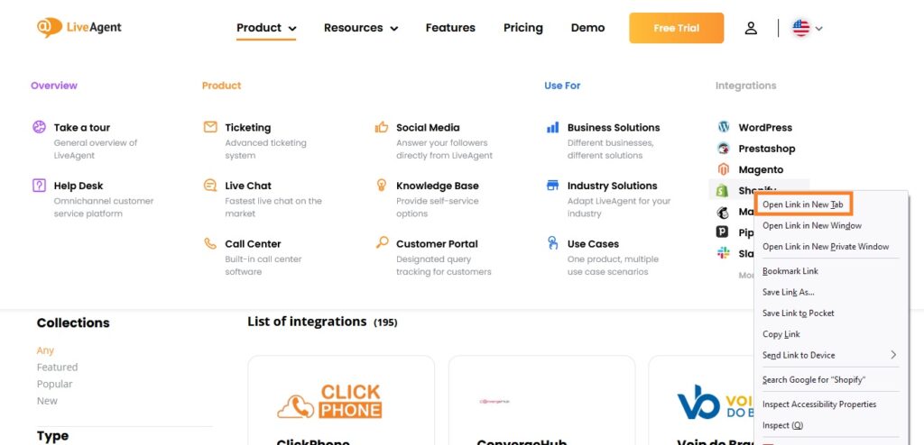 Exemplu de filă nouă pe pagina LiveAgent