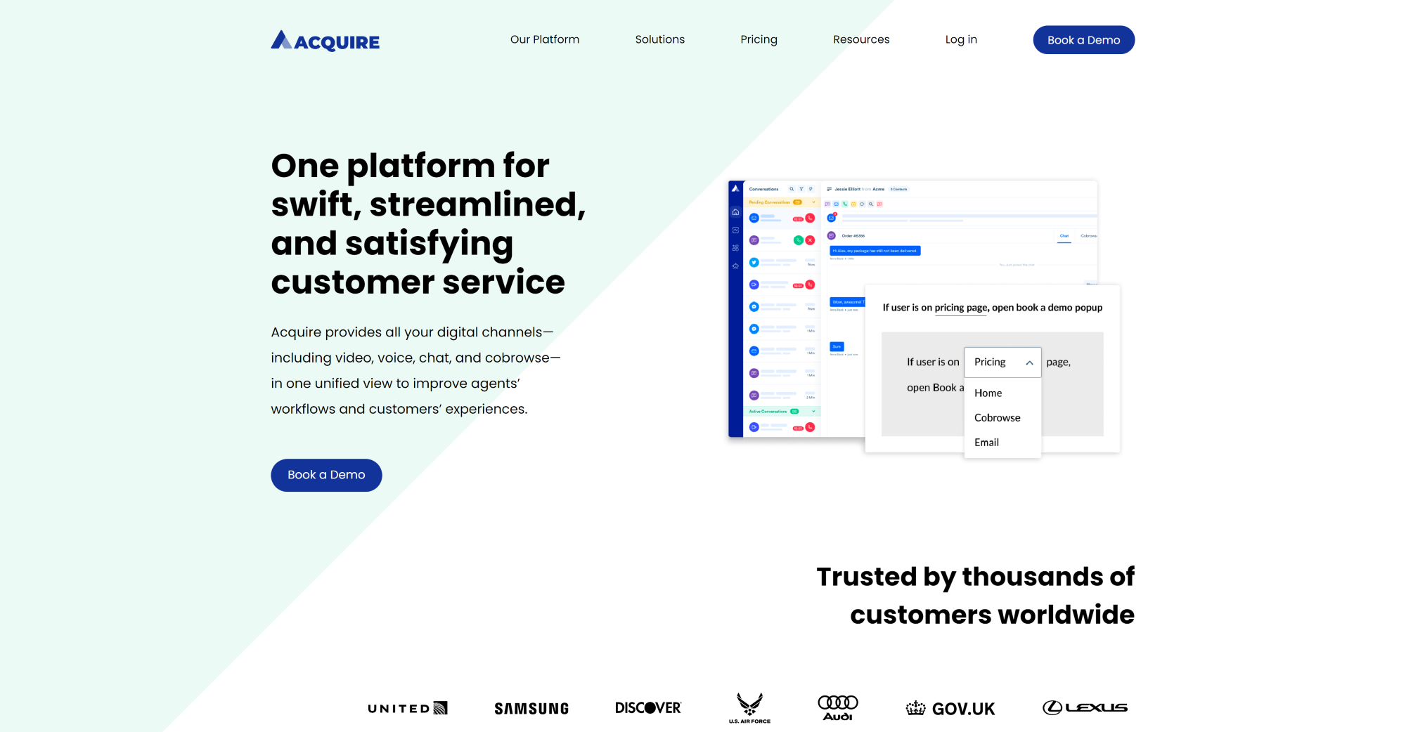 Pagina de pornire a software-ului Acquire Live Chat