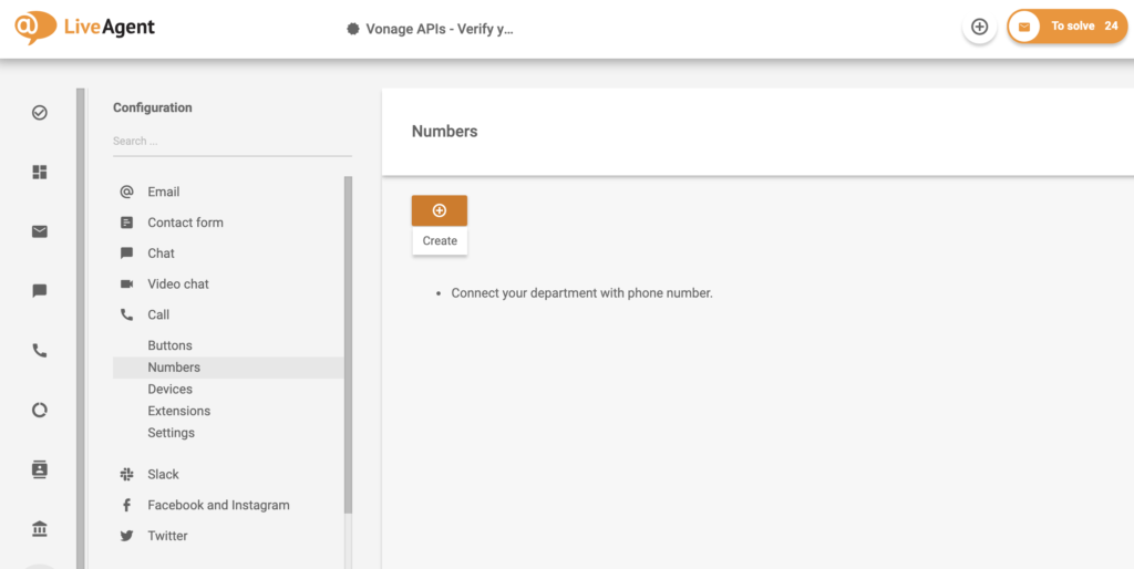 Configurarea numerelor cu butonul de creare în LiveAgent