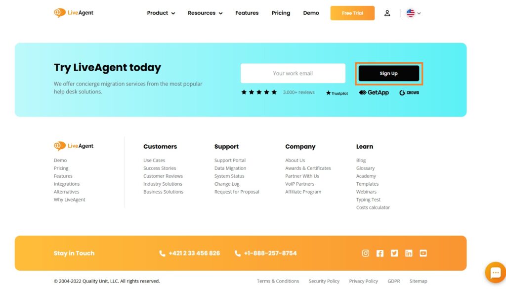 Opțiunea de înscriere de la LiveAgent