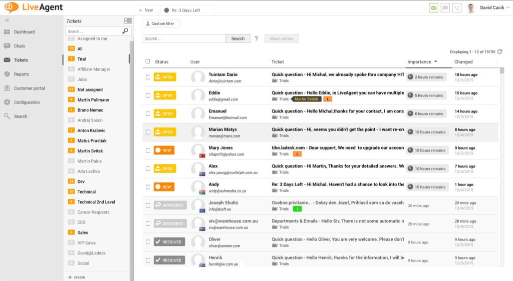 Imagine de ansamblu pentru tichete cu tema albă LiveAgent