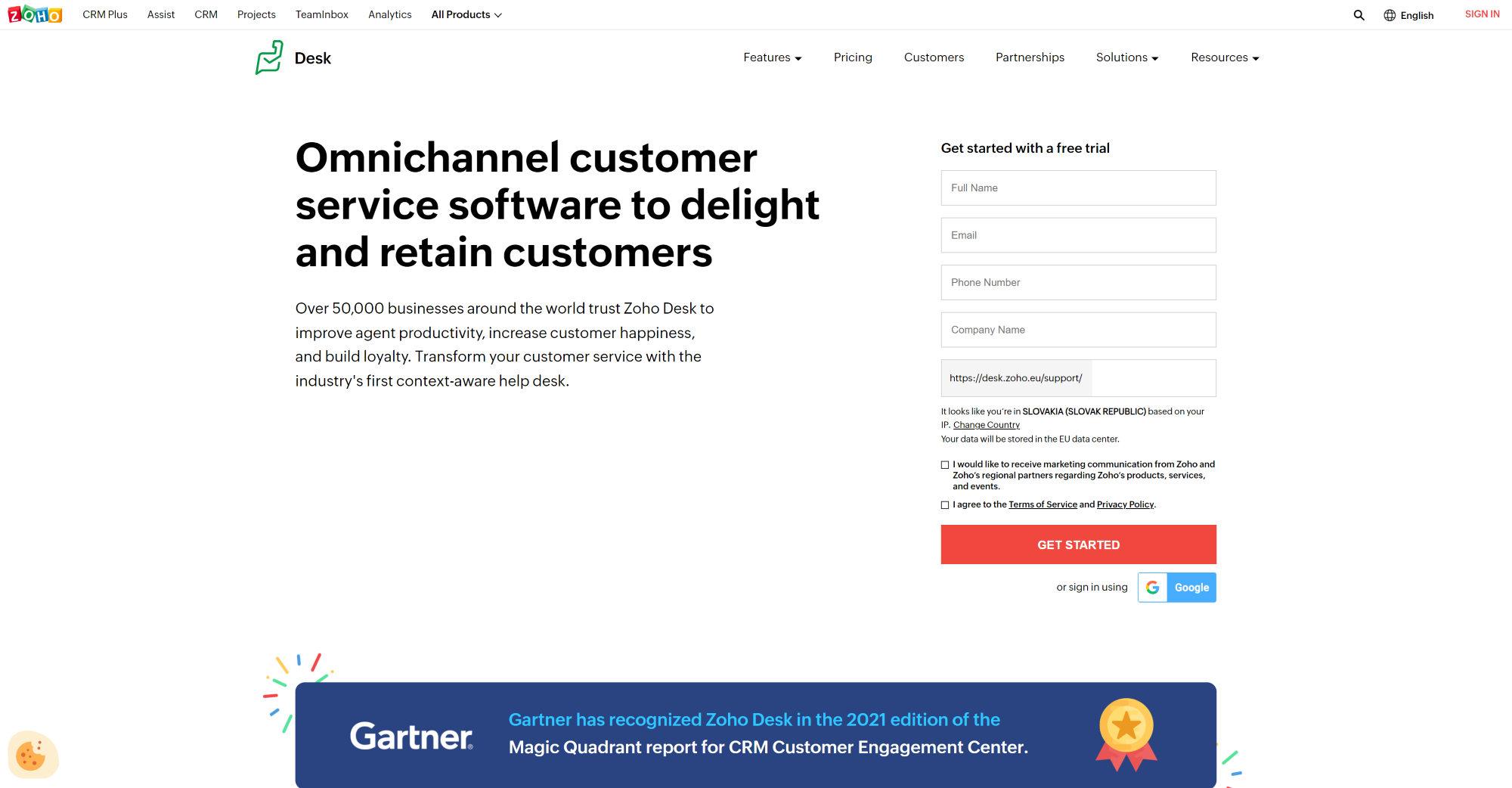 Pagina de pornire a software-ului de chat live Zoho Desk