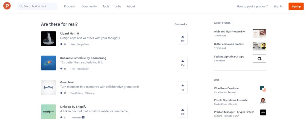 Pagina de pornire ProductHunt